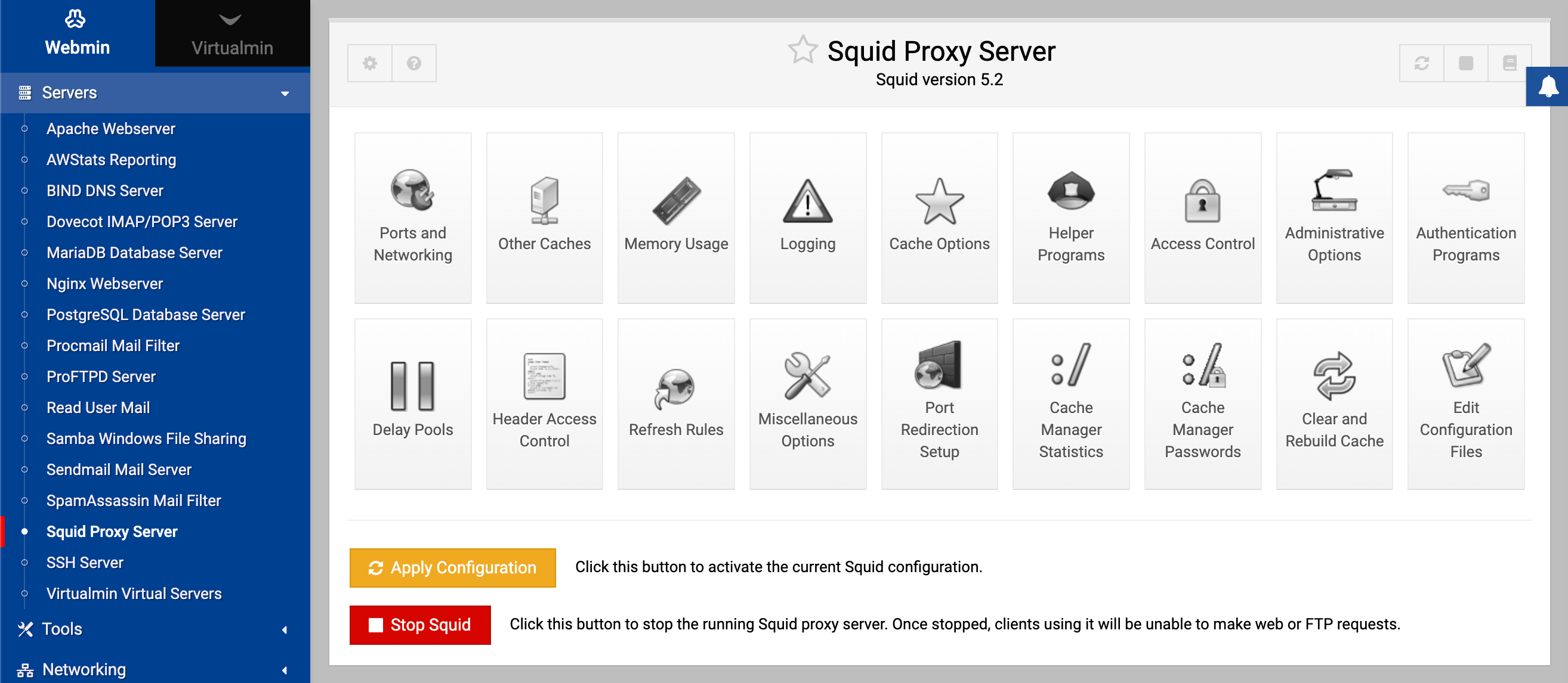 Squid Proxy Cache — interface e funcionalidades