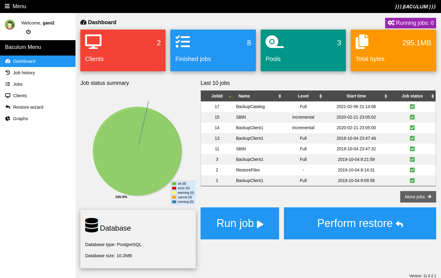 Bacula Community — dashboard Baculum de backup e proteção de dados
