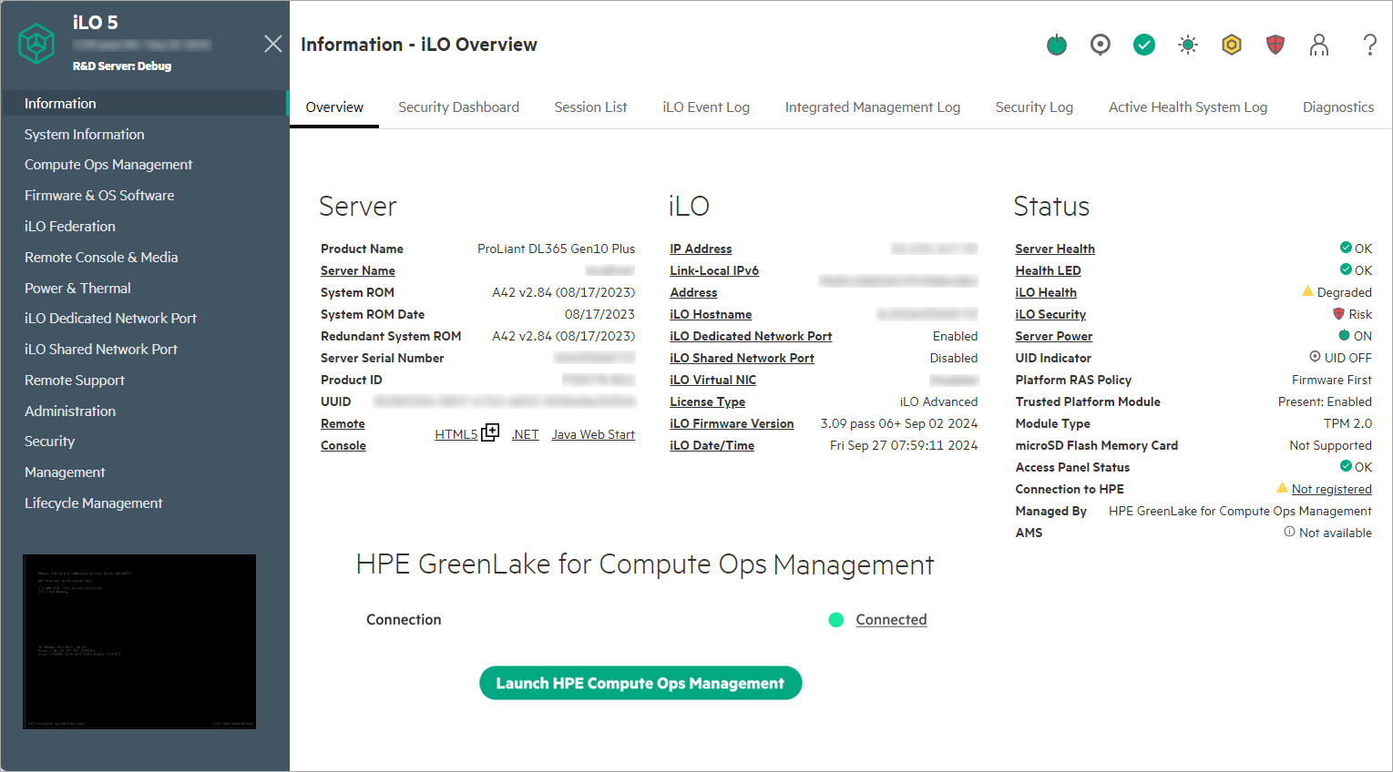 HPE iLO — Dashboard de gerenciamento remoto de servidores