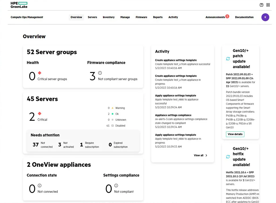 HPE OneView — Dashboard de gerenciamento de infraestrutura