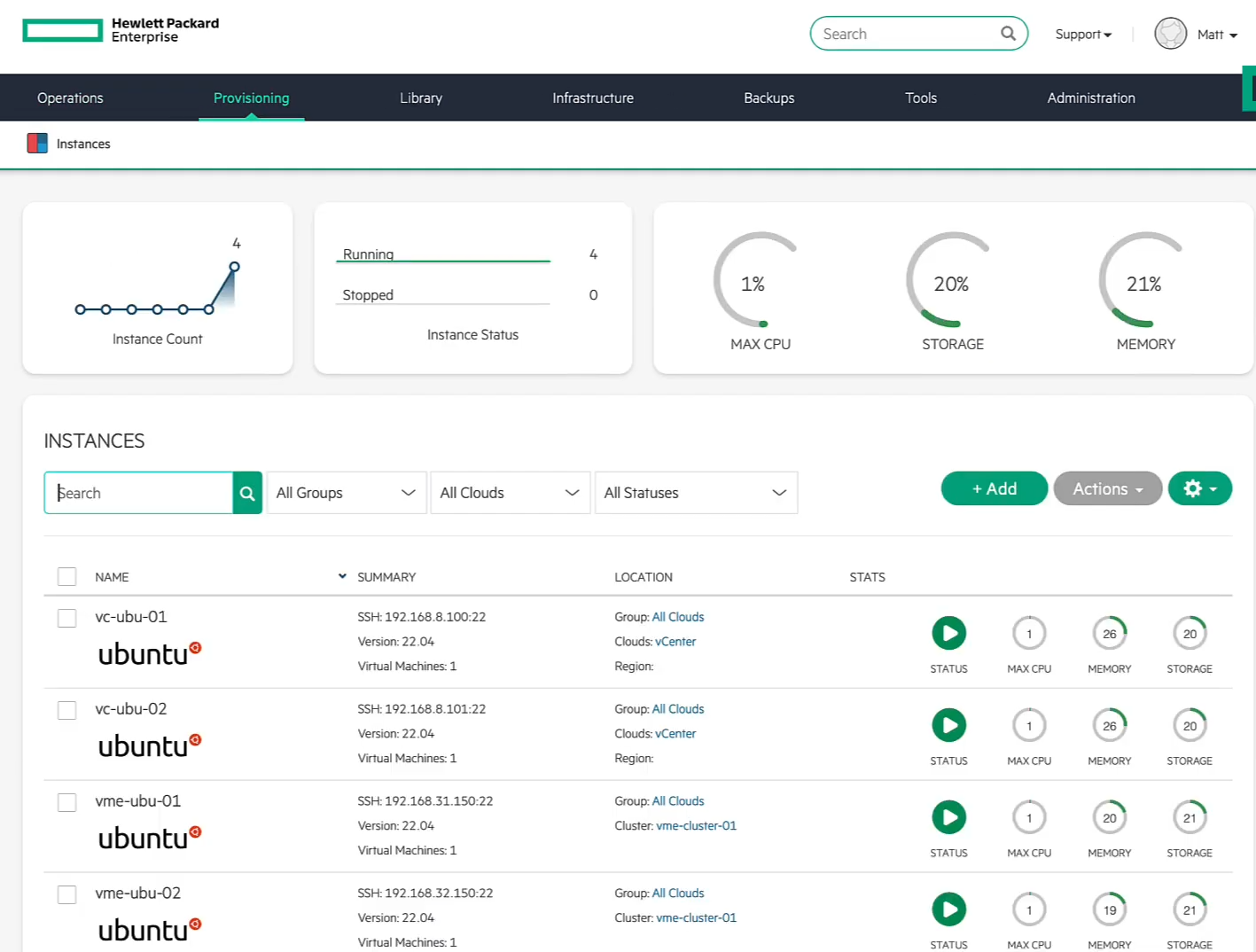 HPE VM Essentials — dashboard de gerenciamento de virtualização