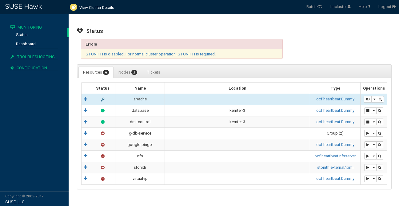 SUSE Linux Enterprise High Availability — Dashboard de gerenciamento do cluster